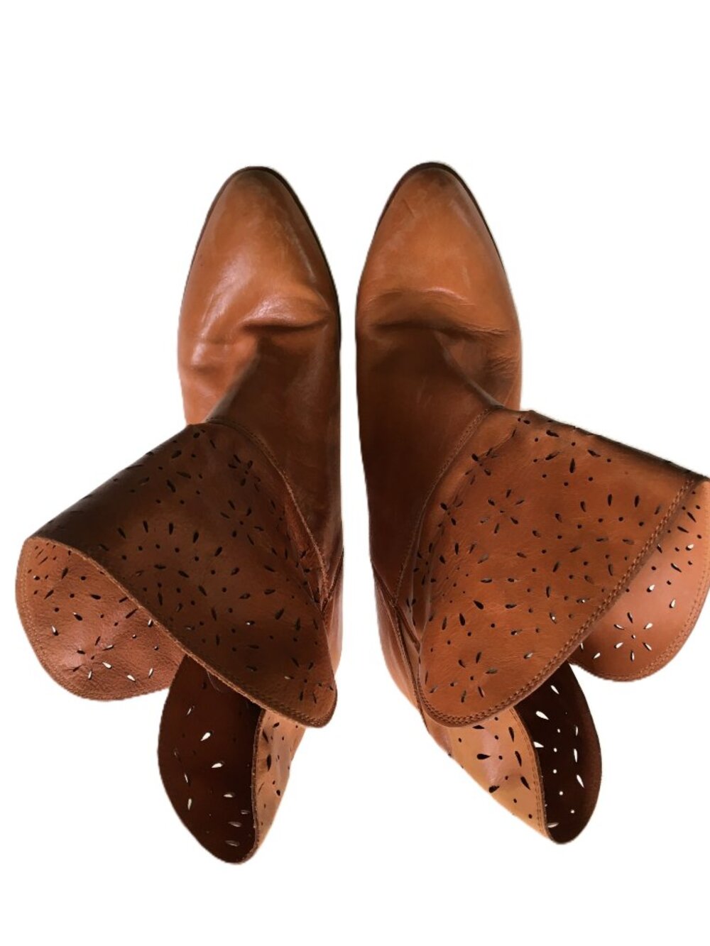 Anthropologie x Latigo Viva Perforated Fold Over Leather Ankle Booties Tan Sz 10
